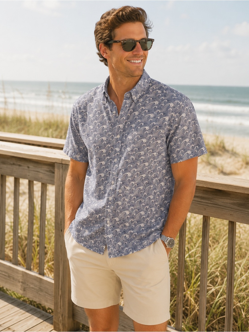 Bixby Nomad Men's Blue Wave-Print Short Sleeve Shirt